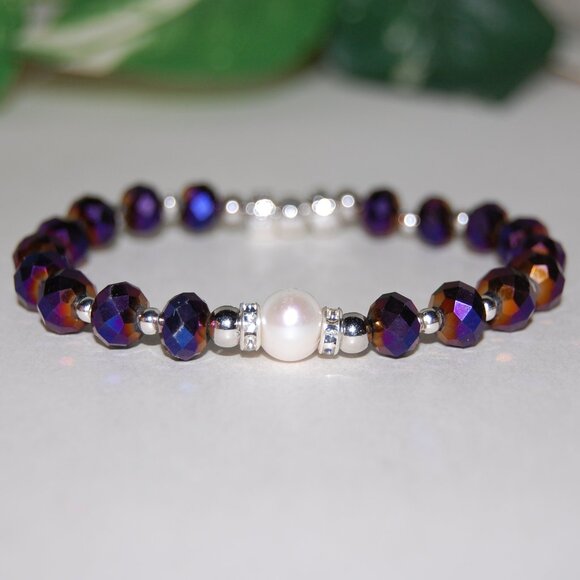 Freshwater Pearl Bracelet,Purple Bracelet,Pearl and Purple Glass Beads Bracelet - Picture 2 of 4